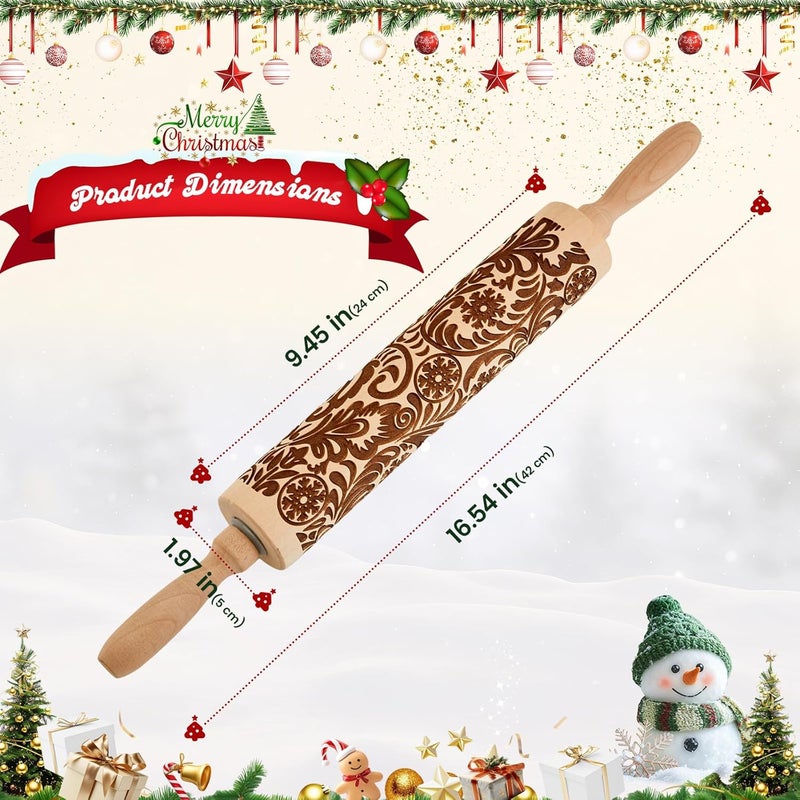 GOBAM Embossed Rolling Pin for Cookies, Engraved Wooden Rolling Pin for Baking, Deep Pattern Cookie Roller for Christmas, Holiday, DIY Kitchen Decor and Gift - Snowflake - Image 2